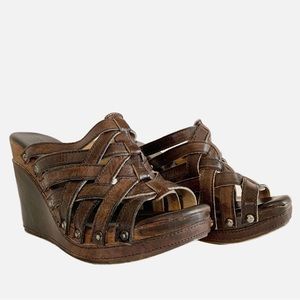 Bed Stu Sandals Braided Gina Woven Leather Slip On Wedge Heel Brown Size 9.